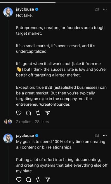 Screenshot of Jay Clouses Threads feed where he share advice and off-the-cuff thoughts on marketing and content creation.